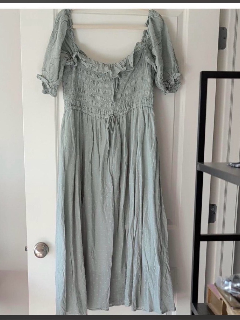 Light Sage Puff Sleeve Smocked Midi Dress